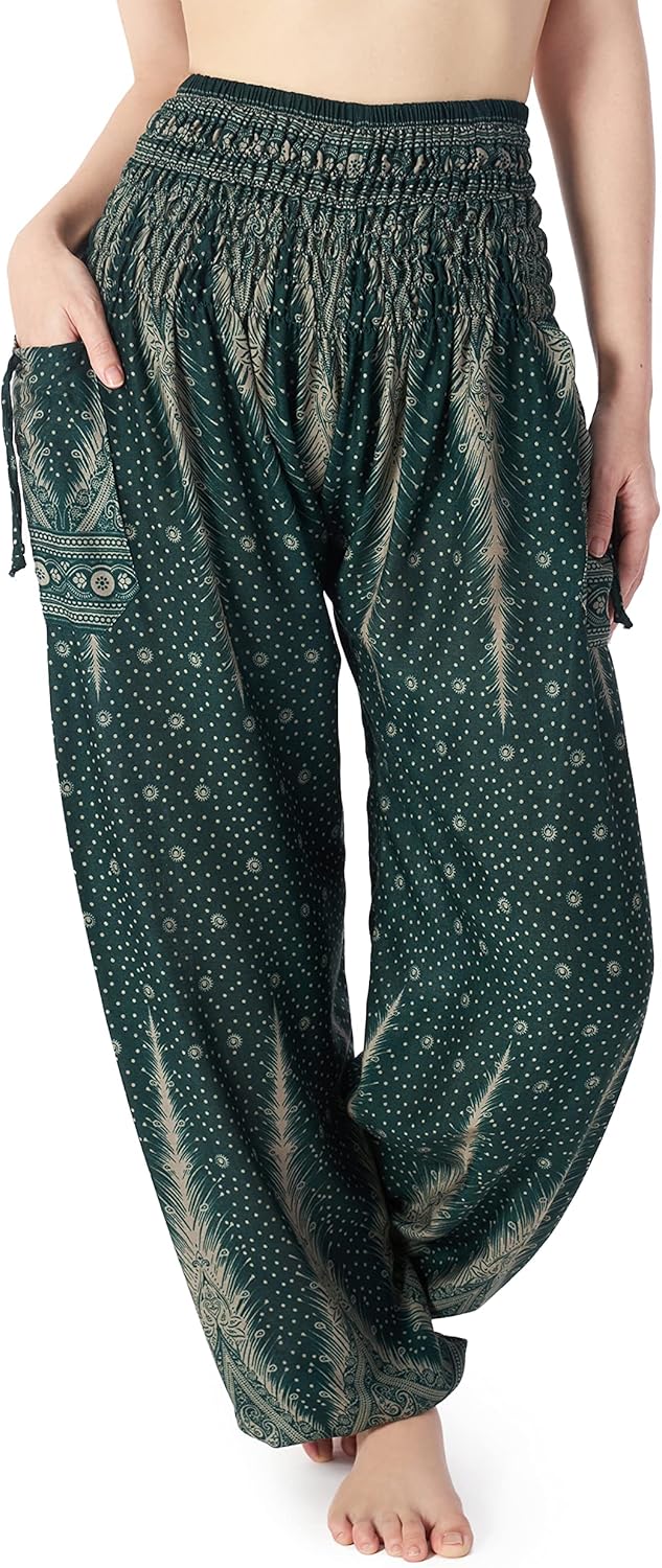 Lannaclothesdesign Damen Haremshose mit gesmokter Taille, Boho, fliessend, Hippie-Kleidung S Grün, S