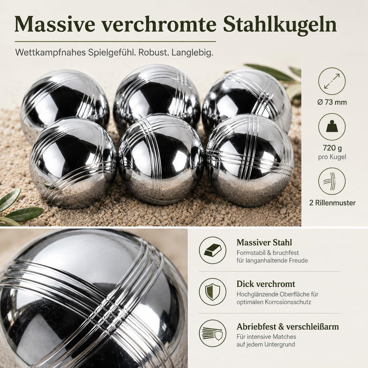 Boule Set 6/8 Metallkugeln mit Hartschalenkoffer–Petanque &amp; Boccia Spiel mit Zielkugel, Abstandsmess