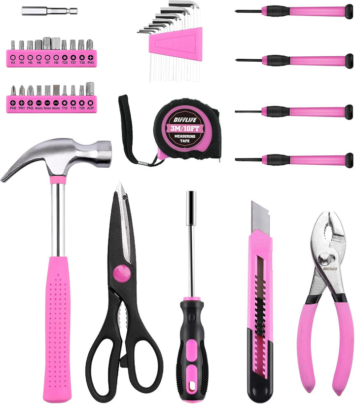 Werkzeug-Set, Pink, 40-teilig, allgemeines Haushalts-Handwerkzeug-Set mit Kunststoff-Werkzeugkasten,