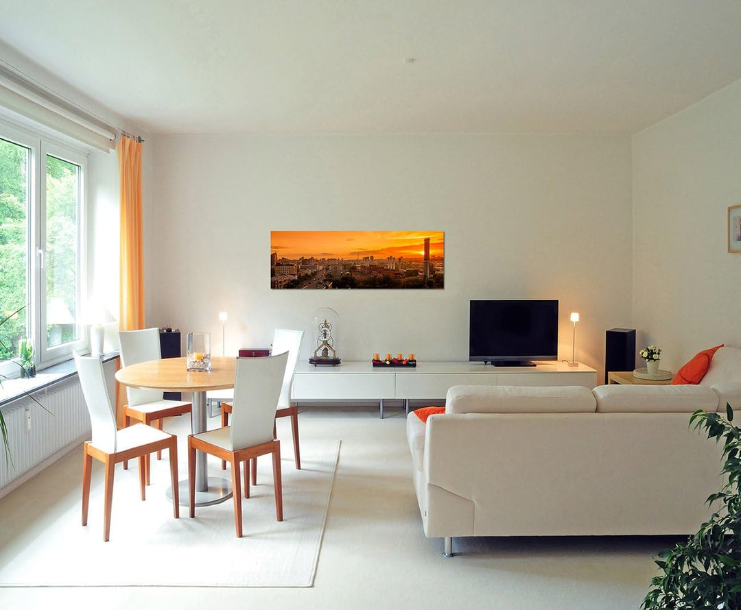 Paul Sinus Art Panoramabild auf Leinwand und Keilrahmen 150x50cm Stadt Gebäude Türme Sonnenuntergang