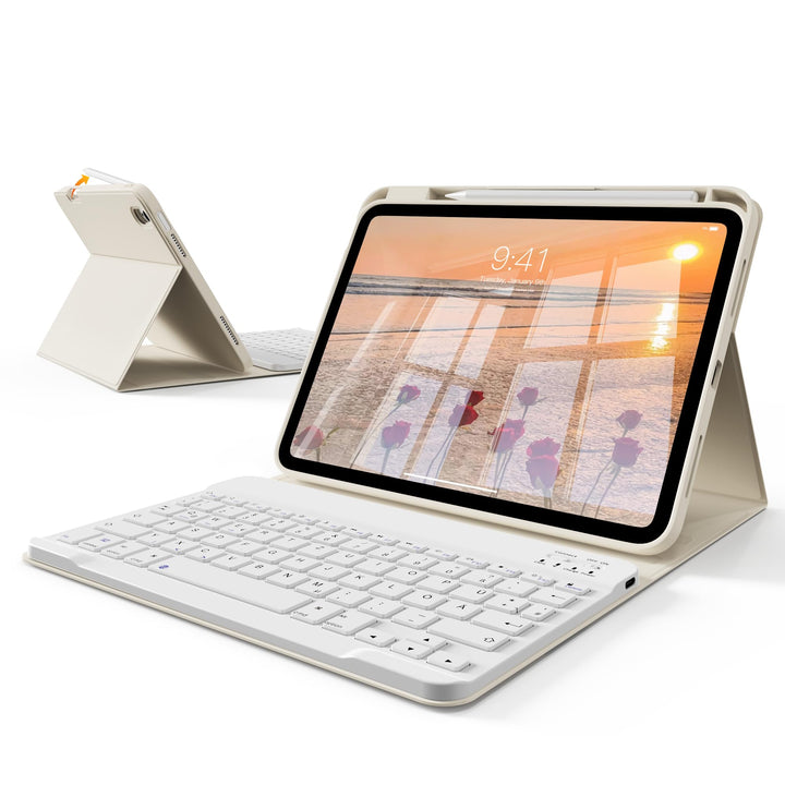 Tastatur Hülle für iPad A16 11. Gen/iPad 10. Gen, QWERTZ, Cremeweiss | Kabellose Magnetische Tastatu
