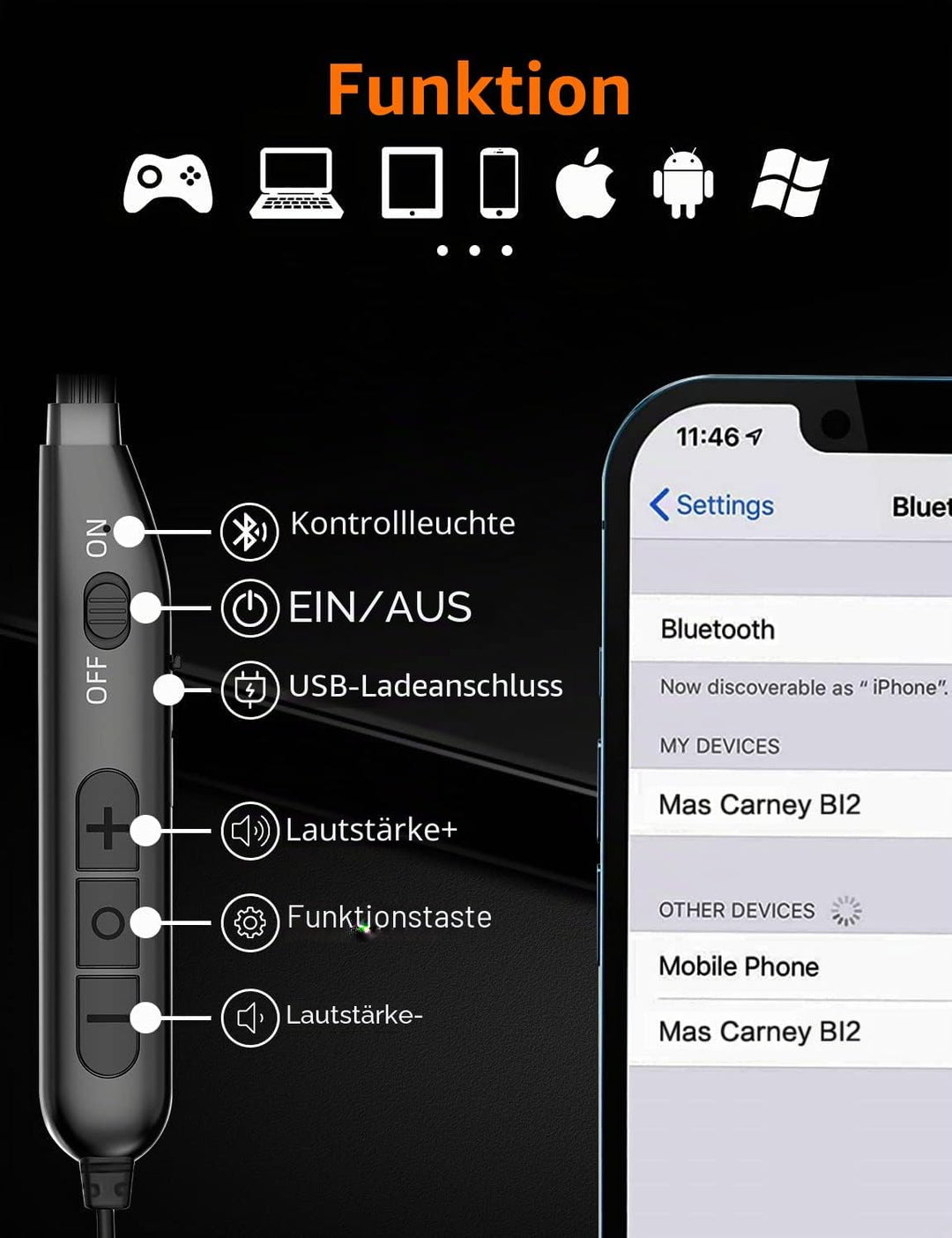 MAS CARNEY BI2 Bluetooth Kopfhörer In Ear (1 Kopfhörer), 1 Kopfh&amp;