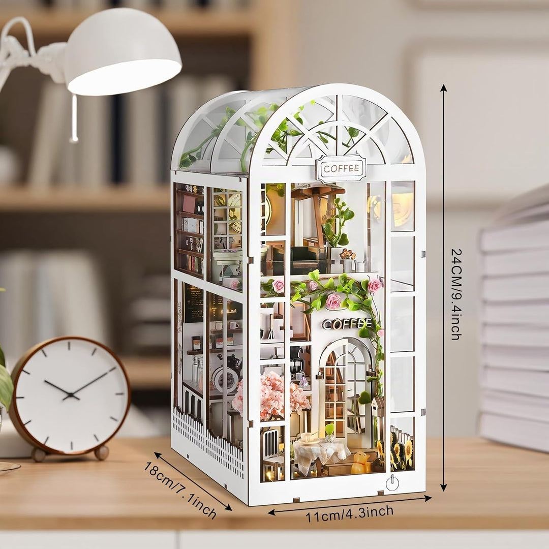 Book Nook Kit, Miniatur Puppenhaus Bücherregal-Einsatz mit LED-Beleuchtung, 3D Holzpuzzle DIY Modell