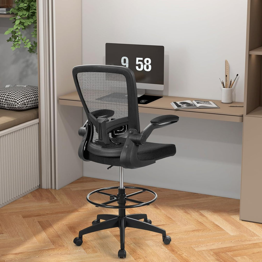 COSTWAY Arbeitsstuhl, Bürostuhl mit hochklappbaren Armlehnen und verstellbarem Fussring, Sitzhöhe 55