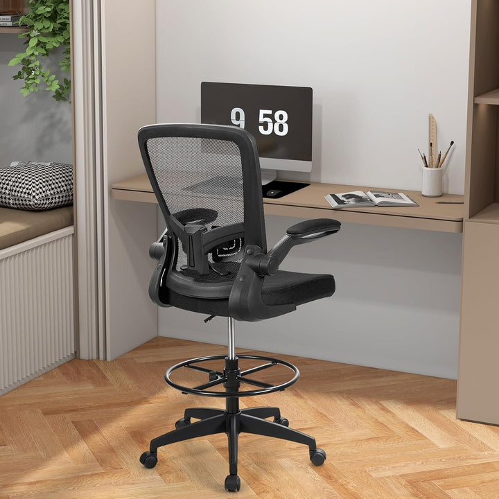 COSTWAY Arbeitsstuhl, Bürostuhl mit hochklappbaren Armlehnen und verstellbarem Fussring, Sitzhöhe 55