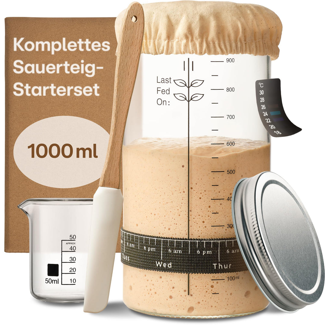 Praknu Sauerteig Starter Set aus Glas (1000ml) Komplett-Set mit Anleitung für Einsteiger & Zuhause b