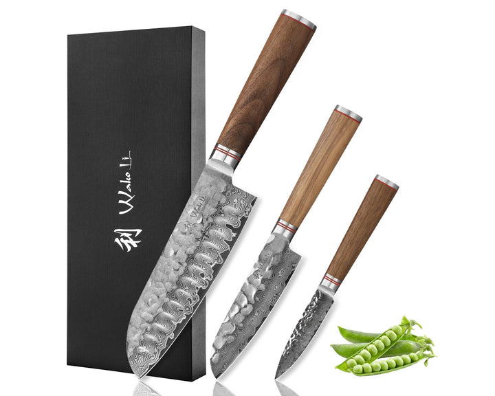 Wakoli Nussbaum Exklusives 3er Messerset – Premium Damast Santoku Messer, Kleines Santokumesser & Of