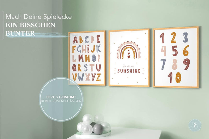 Papierschmiede® Kinderbilder 3er Set Lernposter, A4 gerahmt in Holzrahmen (Natur), Geschenk für Mädc