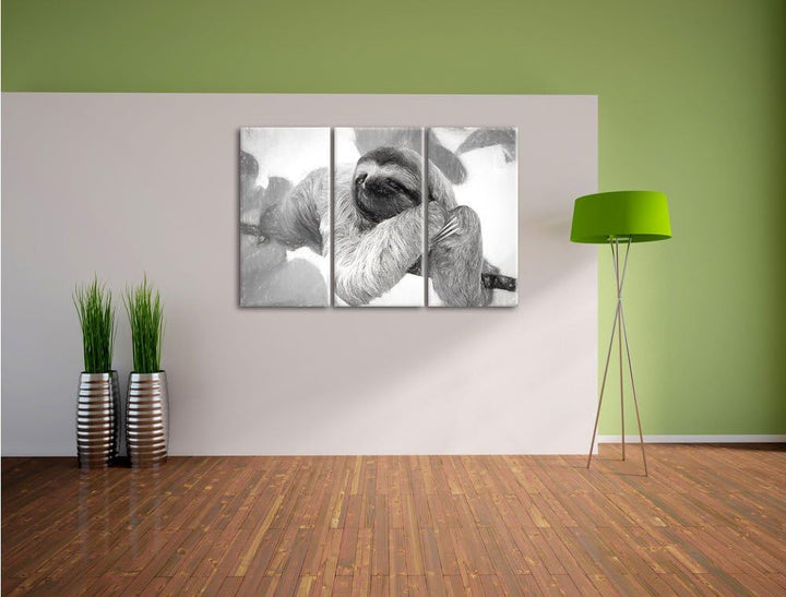 Pixxprint Faultier hängt von AST / 3-Teilig/Gesamtmass 120cm Leinwandbild bespannt auf Holzrahmen/Wa