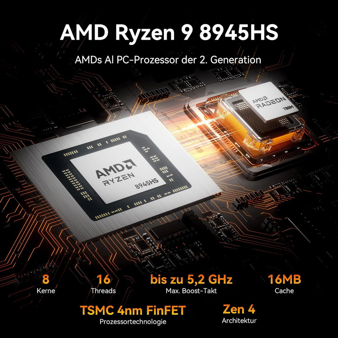 GEEKOM AI Mini PC A8 Max AMD Ryzen 9 8945HS(8 Kerne 16 Threads, bis zu 5.2 GHz), 2.5Gbps Dualer LAN