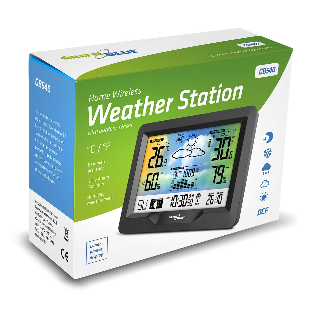 Green Blue GB540 Wetterstation mit Farbdisplay DCF Funkuhr | Innen- und Aussentemperatur, Wettervorh