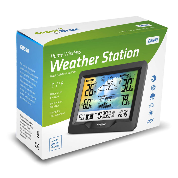 Green Blue GB540 Wetterstation mit Farbdisplay DCF Funkuhr | Innen- und Aussentemperatur, Wettervorh