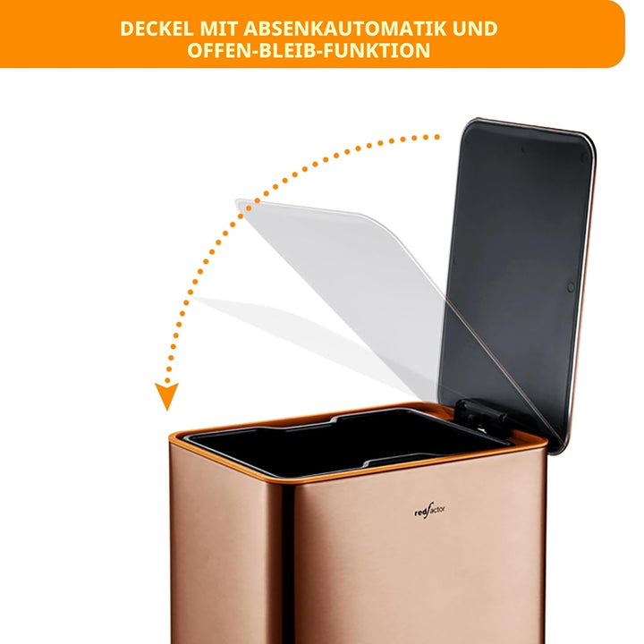 RED FACTOR Schmaler 10L Edelstahl Treteimer für enge Räume – Mülleimer mit Soft-Close-Deckel und her