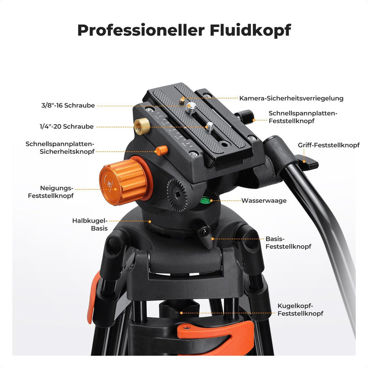 K&F CONCEPT 202cm Videostativ mit Fluidkopf, Robustes Kamerastativ aus Aluminiumlegierung mit Schnel