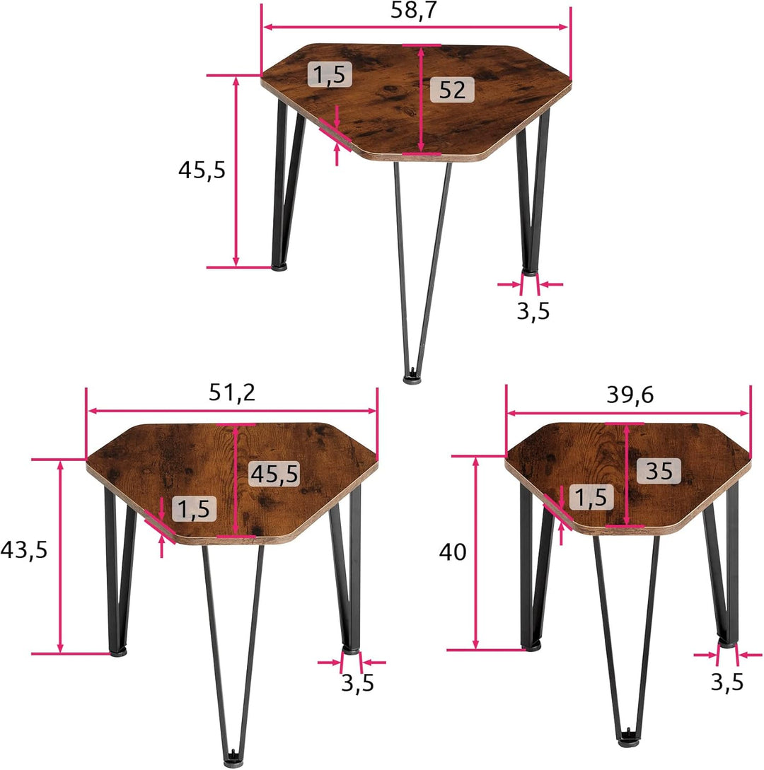 tectake Beistelltisch 3er Set, sechseckiger Couchtisch in 3 Grössen, Industrie-Stil, Holz Satztische
