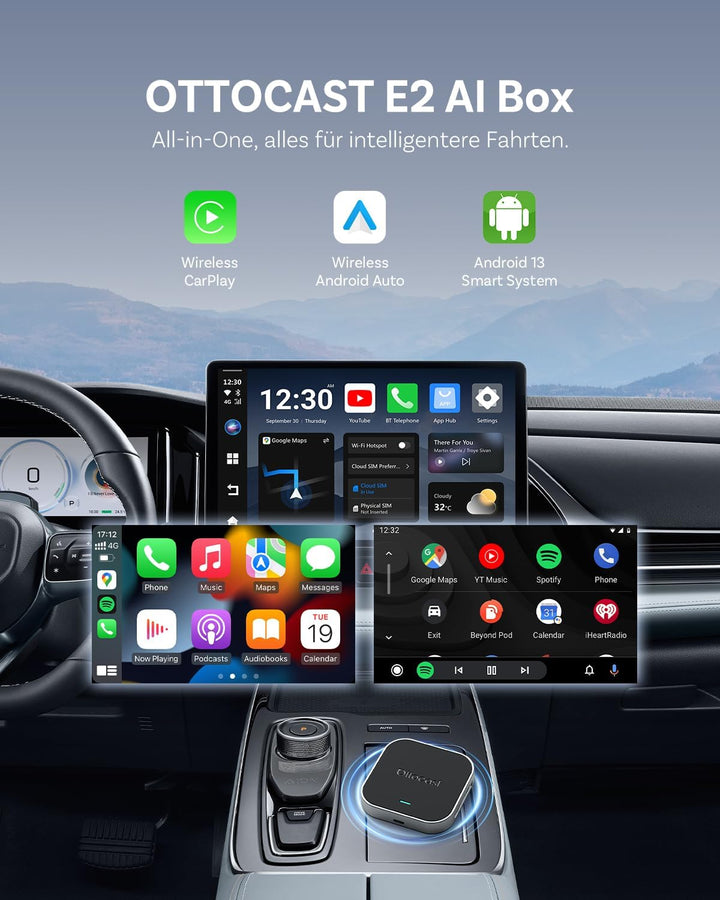 OTTOCAST E2 AI Box, 2026 Upgrade 3-in-1 Wireless CarPlay & Android Auto Adapter, Android 13 Car Mult