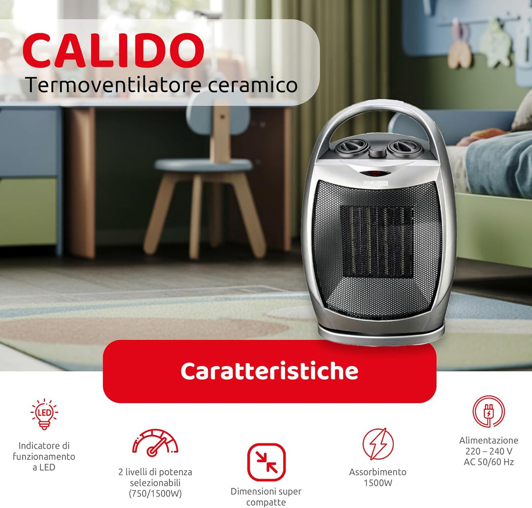 Melchioni Family CALIDO, Termoventilatore ceramico, Oscillazione automatica, 1500W, Protezione contr