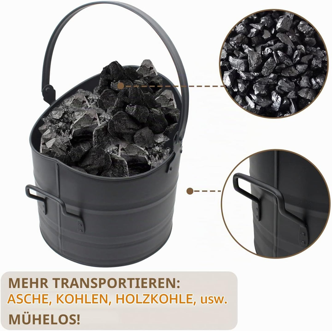 BRIAN &amp; DANY Ascheeimer, Halbkreisförmiger Kohleeimer für Kamine, 10L Eimer mit Schaufel und Handbes