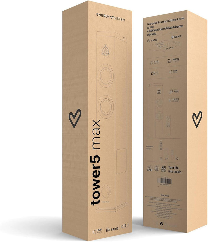 Energy Sistem Tower 5 MAX (100 W, Bluetooth, True Wireless, USB/SD und FM-Radio) (schwarz)