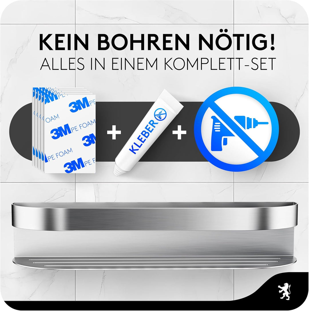 GUTTENBURG Duschablage ohne Bohren (38x8cm, 2200cm³) | klebt hochfest, 10kg Tragelast | gebürsteter
