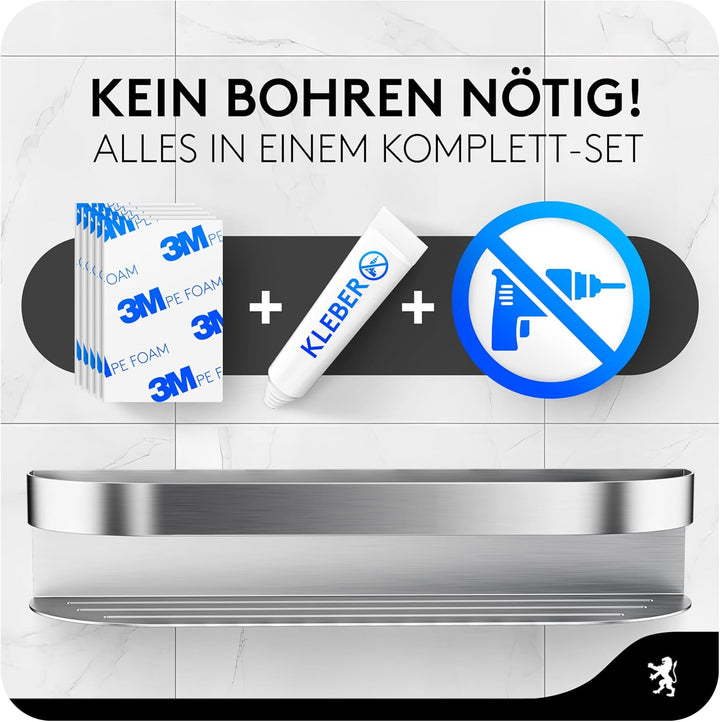 GUTTENBURG Duschablage ohne Bohren (38x8cm, 2200cm³) | klebt hochfest, 10kg Tragelast | gebürsteter