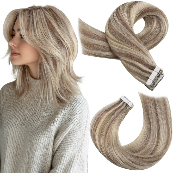 Moresoo Tape Extensions Blond Haarverlängerung Echthaar Tapes Hellbraun mit Platinblond Unsichtbare