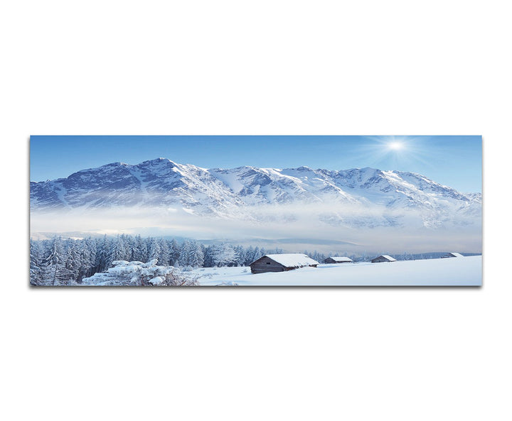 Paul Sinus Art Panoramabild auf Leinwand und Keilrahmen 150x50cm Winterlandschaft Berge Wald Häuser