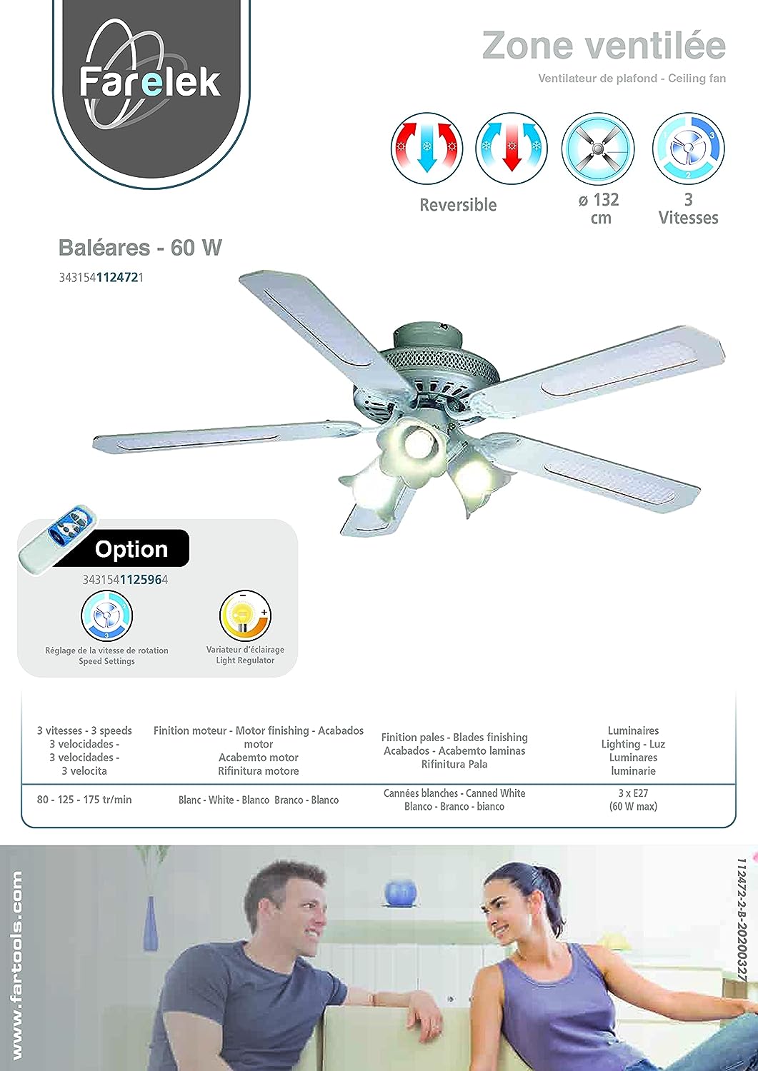Farelek Baleares Deckenventilator, 132 cm, Weiss