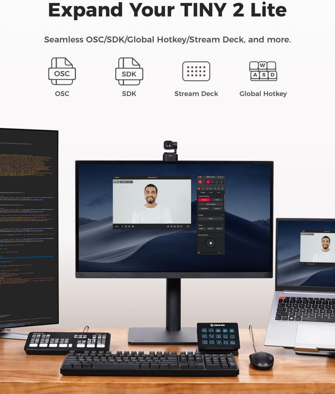 OBSBOT Tiny 2 Lite - 4K Webcam PTZ KI Tracking Streaming Kamera, Webcam mit Mikrofon, 1/2" Sensor, H