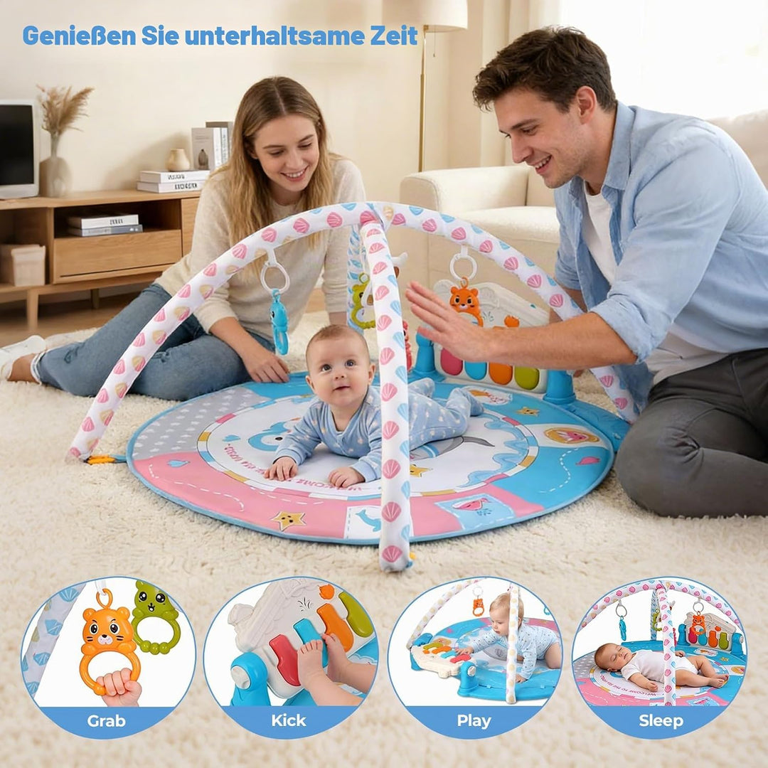 Baby-Spielmatte, Baby-Spielbogen mit Rassel, Klavier und Spiegel, Boden-Spielmatte (100 cm Durchmess
