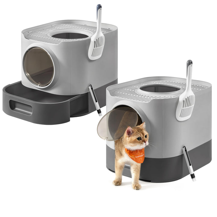 Feandrea Katzenklo 2er Set, Katzentoilette XXL, mit Deckel, ausziehbares Tablett, Schaufel, Bürste,