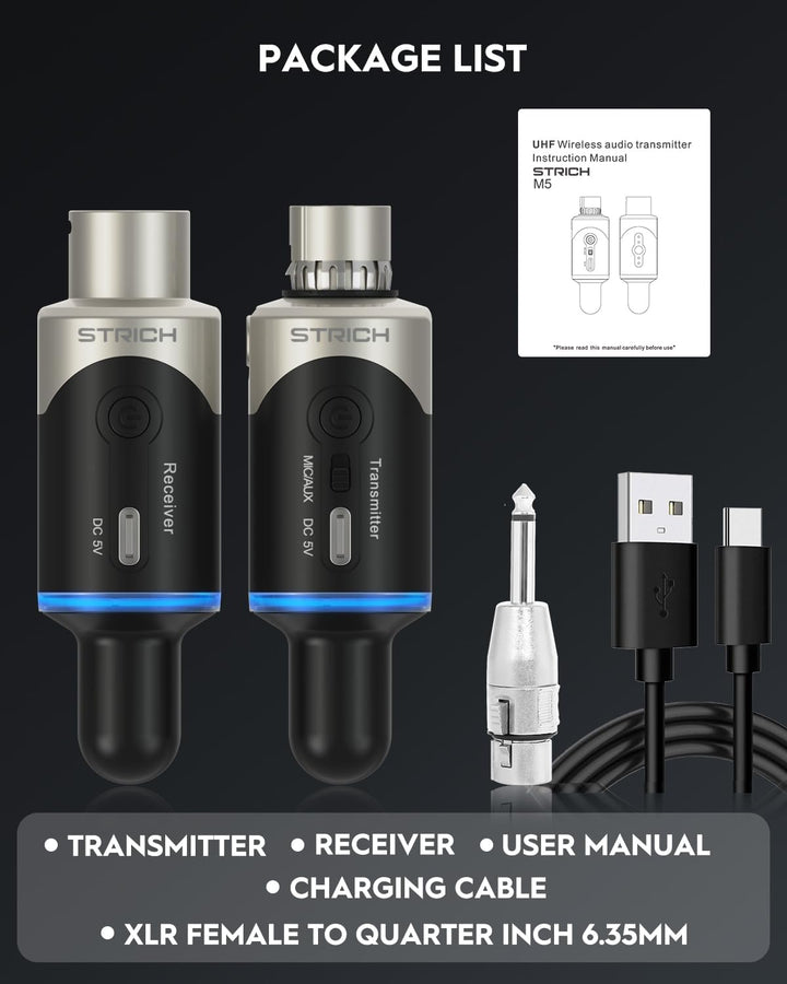 STRICH M5 UHF Wireless XLR Mikrofon-System, 4-Kanal-Sender & Empfänger für Dynamikmikrofon, 61m Reic