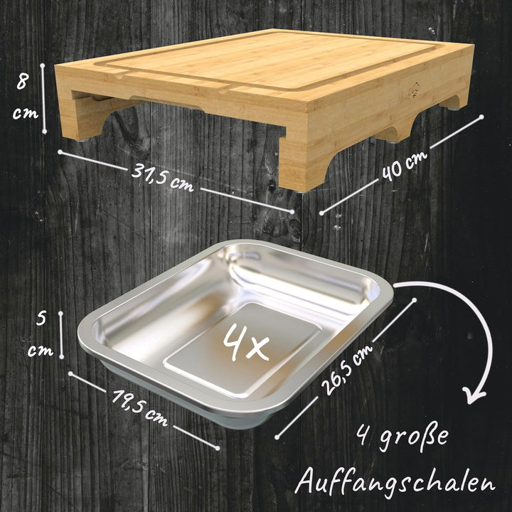 MARINDO Schneidebrett mit 4x Auffangschalen inkl. Saftrille | Schneidbrett aus Bambus | Auffangwanne