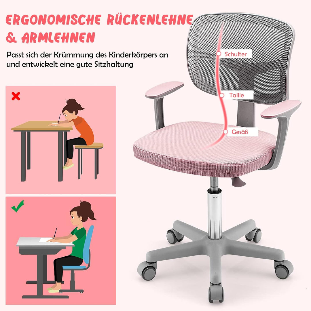 COSTWAY 360° Drehbarer Kinderschreibtischstuhl, 80-91,5 cm Höhenverstellbarer Jungendstuhl mit Rücke
