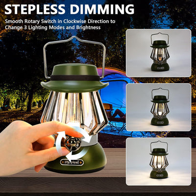 LED Campinglampe Aufladbar, Retro Outdoor Campingleuchte mit Bluetooth Lautsprecher, Stufenlos Dimmb