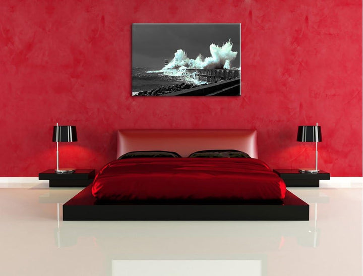 unruhiges Meer und hohe Wellen schwarz/weiss Format: 100x70 auf Leinwand, XXL riesige Bilder fertig
