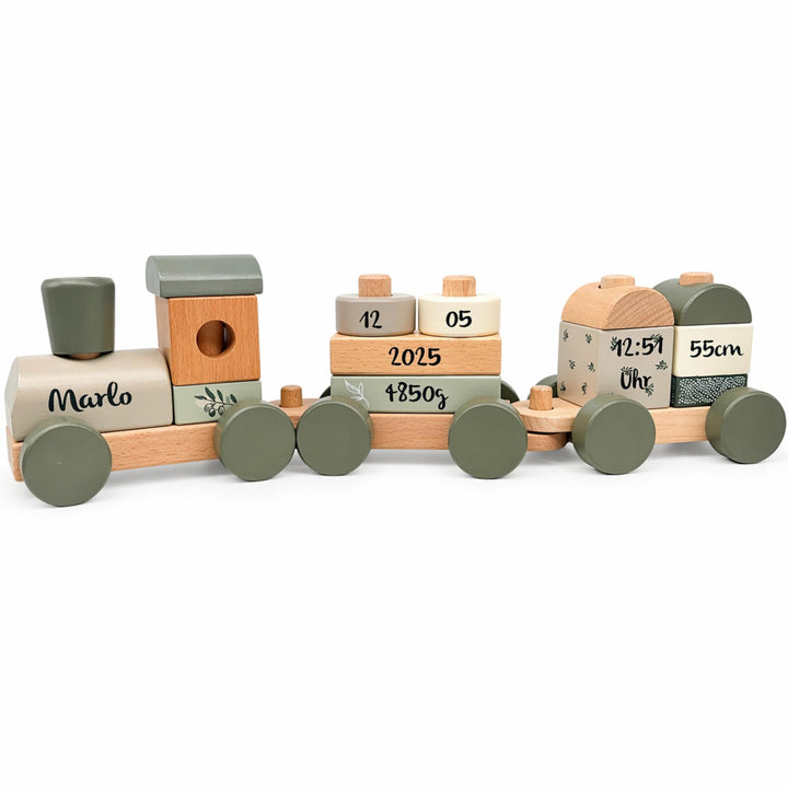 Personalisierte Holzeisenbahn Olivgrün – Personalisierte Geschenke Baby I Steckspielzeug I Geschenk