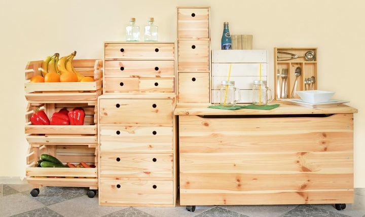 Pinus - Holzkiste mit Deckel auf Rollen, 90x48x51 cm, Gross Holzbox über Spielzeug, Ideal Spielzeugk