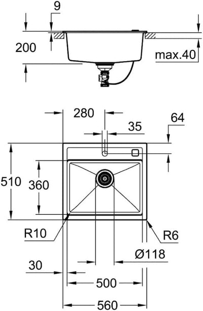 GROHE K700 | Kompositspüle | granit grau | 31650AT0 K700 Granit Grau 40 x 50 cm Kompositspüle, K700