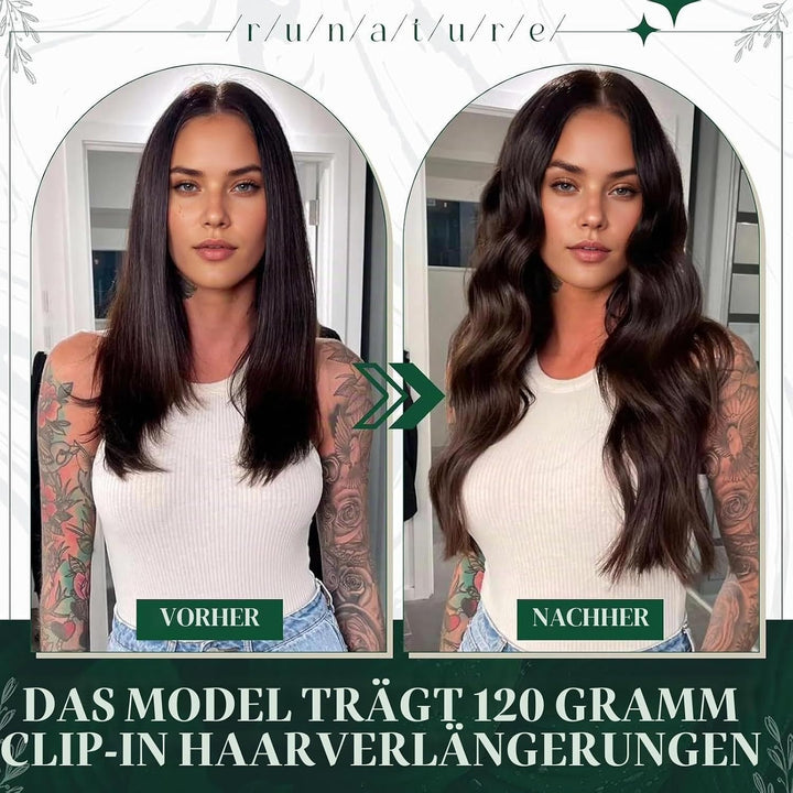RUNATURE Clip in Extensions Echthaar Schwarz Glatt 40cm Echthaar Extensions Clip Naturliches Schwarz