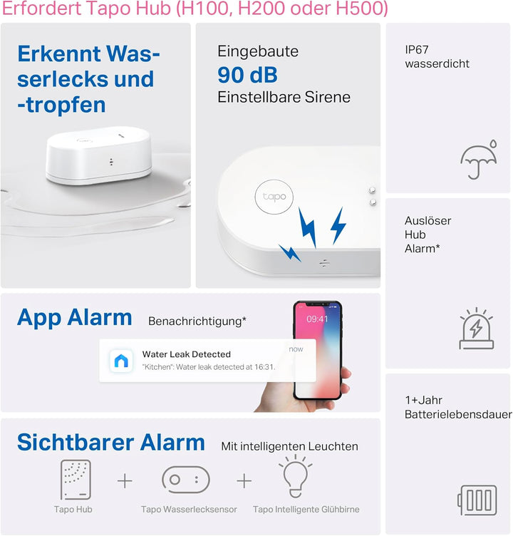Tapo TP-Link T300 Smarter Wasserleck-Sensor, Hub erforderlich, eingebaute 90Db einstellbare Sirene,