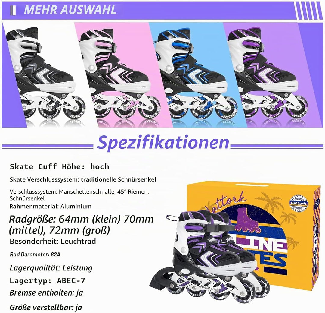 Nattork Inliner für Kinder Verstellbare Inline Skates, 4 Grössen Kinder Inline Roller Skates mit Bel