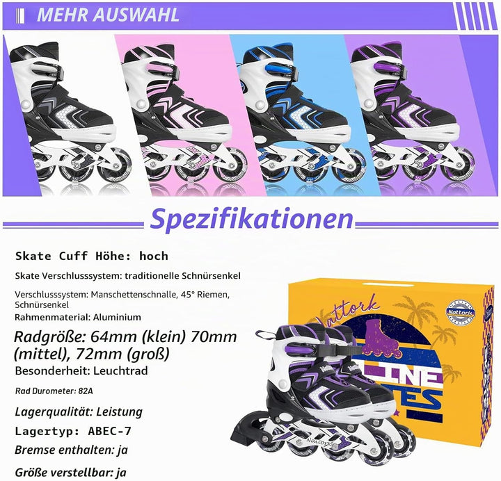 Nattork Inliner für Kinder Verstellbare Inline Skates, 4 Grössen Kinder Inline Roller Skates mit Bel