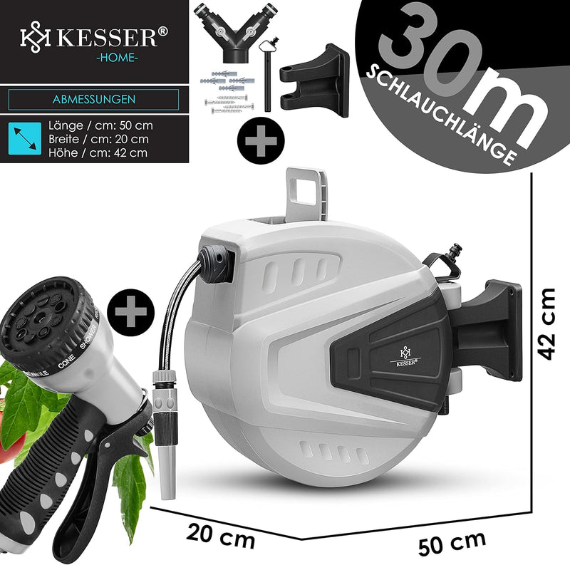 KESSER® Schlauchtrommel 30+2m Schlauchaufroller Wasser | Multi-Handbrause | 180° Schwenkbar | Aufwic