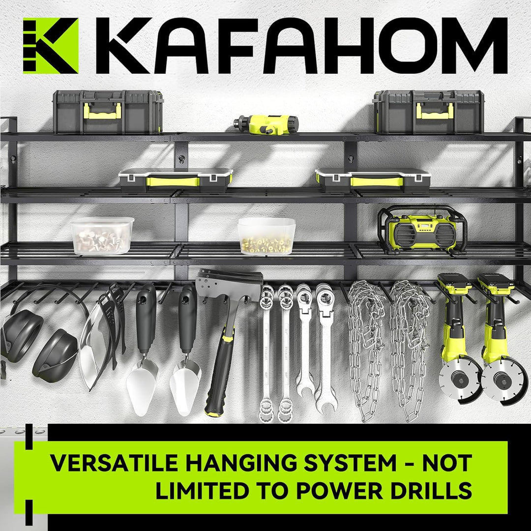 KAFAHOM Grosse Werkzeug-Wandhalterung mit 13 Bohrerschächten für die Garage – 4-etagiges Organizer-R