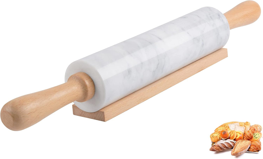 Marmor-Nudelholz mit Holzwiege, dicker Griff, Set zum Backen, 47 cm, hochwertige polierte Walze für