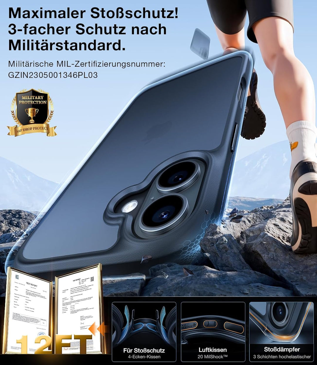 TORRAS Guardian für iPhone 16 Hülle [TOP Militärschutz mit 360° Airbags] Samtweiche Haptik Kratzfest