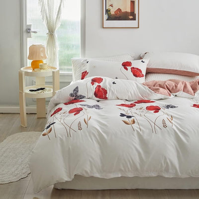 Luofanfei Bettwäsche 155x220cm Blumen Schmetterling Rot Weiss Altrosa Bettwäsche Set Microfaser Pfla