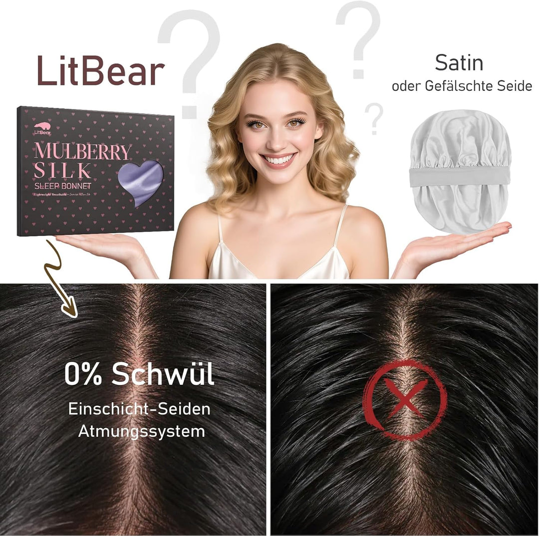 LitBear 22 Momme Seidenhaube zum Schlafen - Schlafmütze aus 100% Maulbeerseide, 100% Silk Bonnet mit