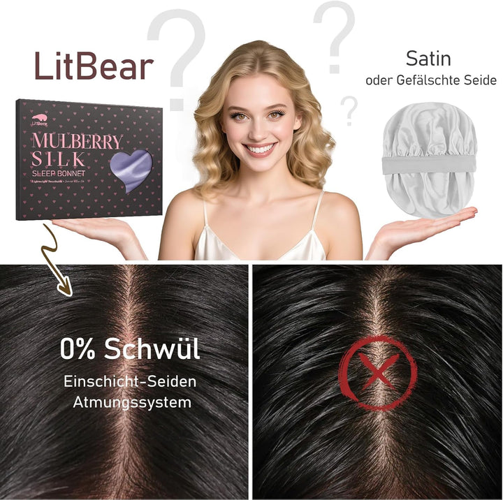 LitBear 22 Momme Seidenhaube zum Schlafen - Schlafmütze aus 100% Maulbeerseide, 100% Silk Bonnet mit